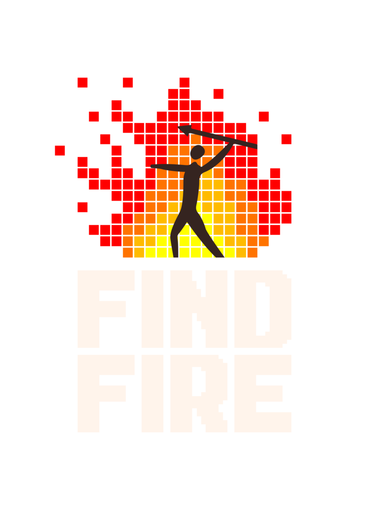 logo of a man dancing in front of a fire