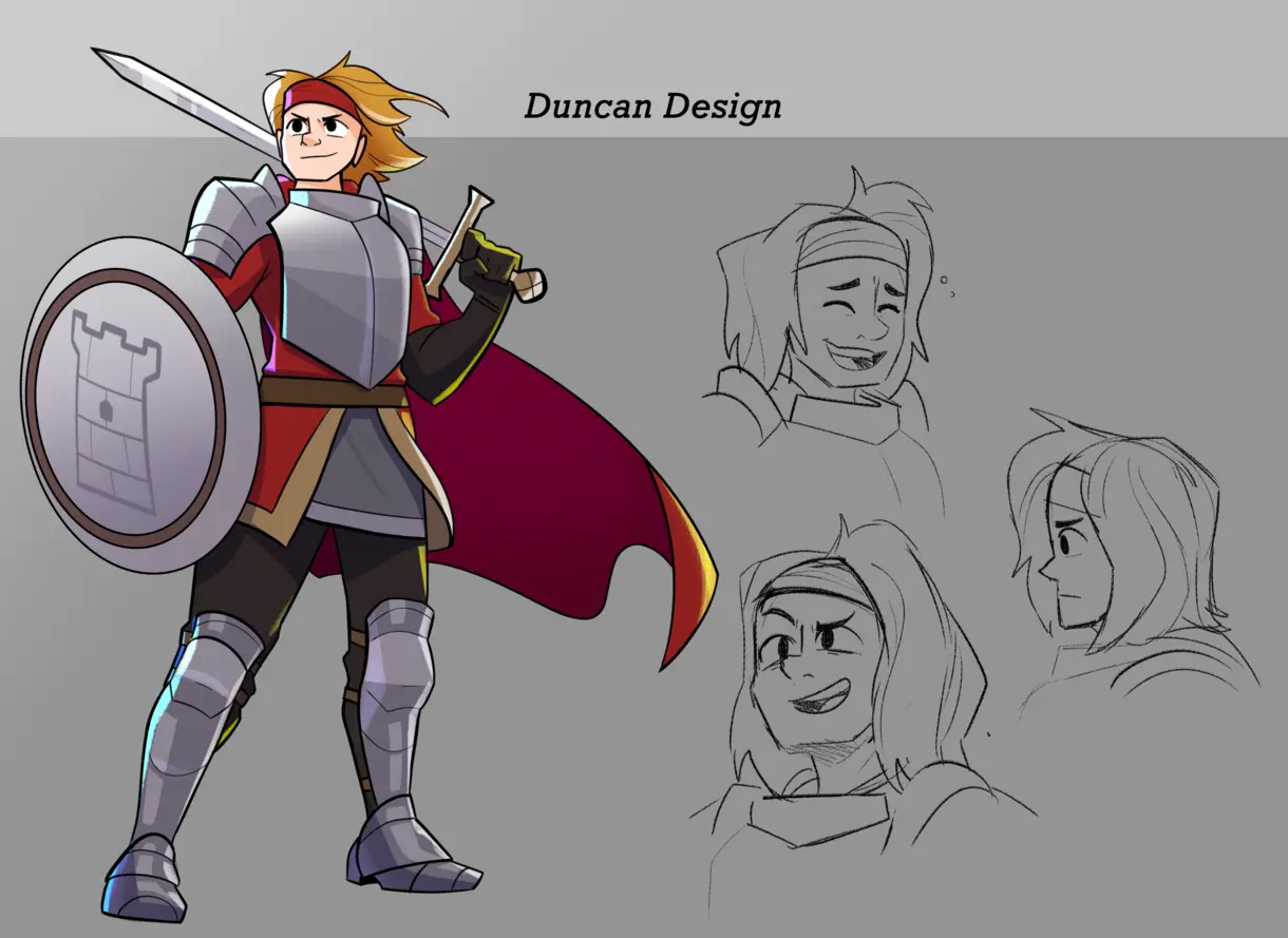 Concept art of a man with a sword and shield standing with his cape blowing in the wind.