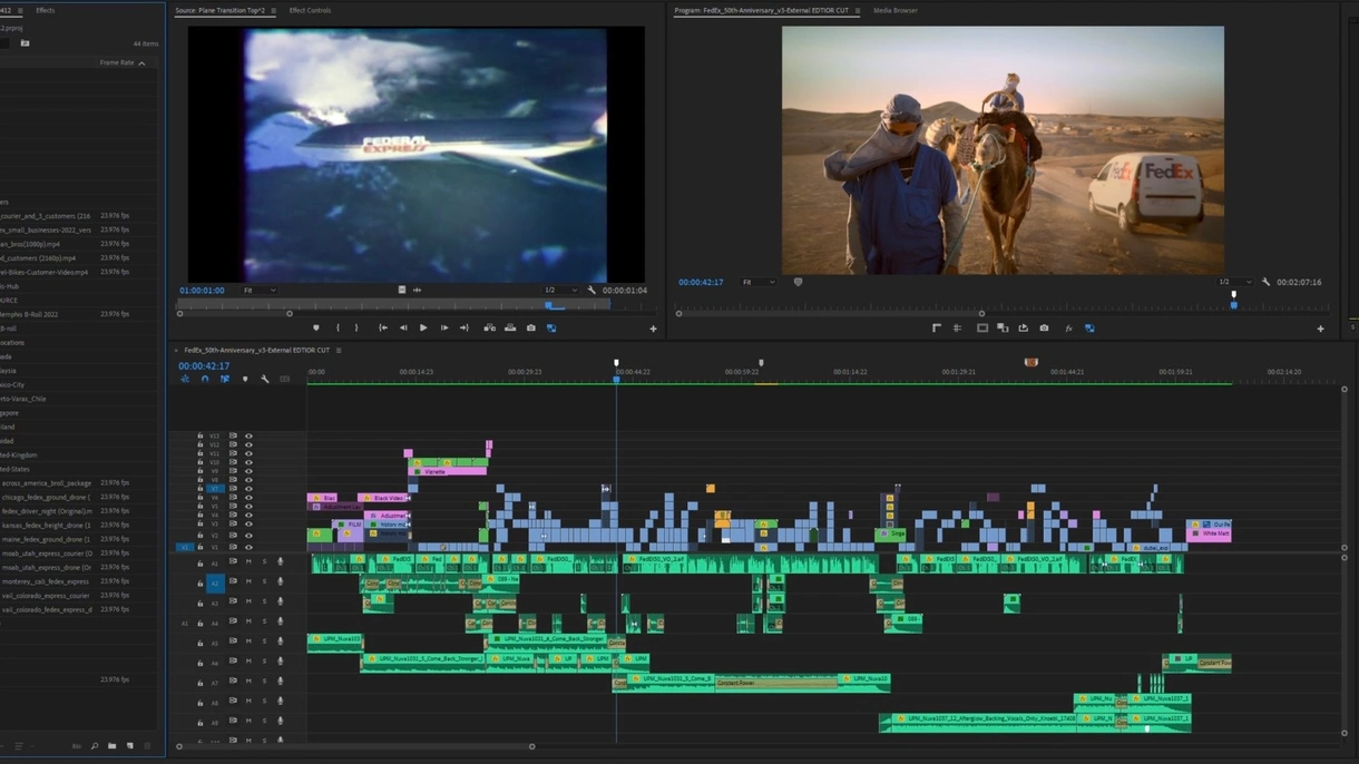 screenshot of a timeline in an editing software image shows men on camels in front of a truck